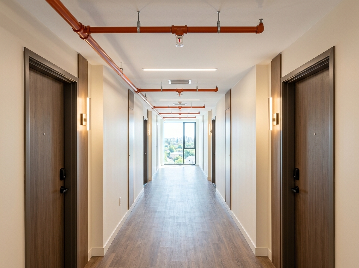 Sprinkler heads and piping in a multifamily corridor in Fresno, CA